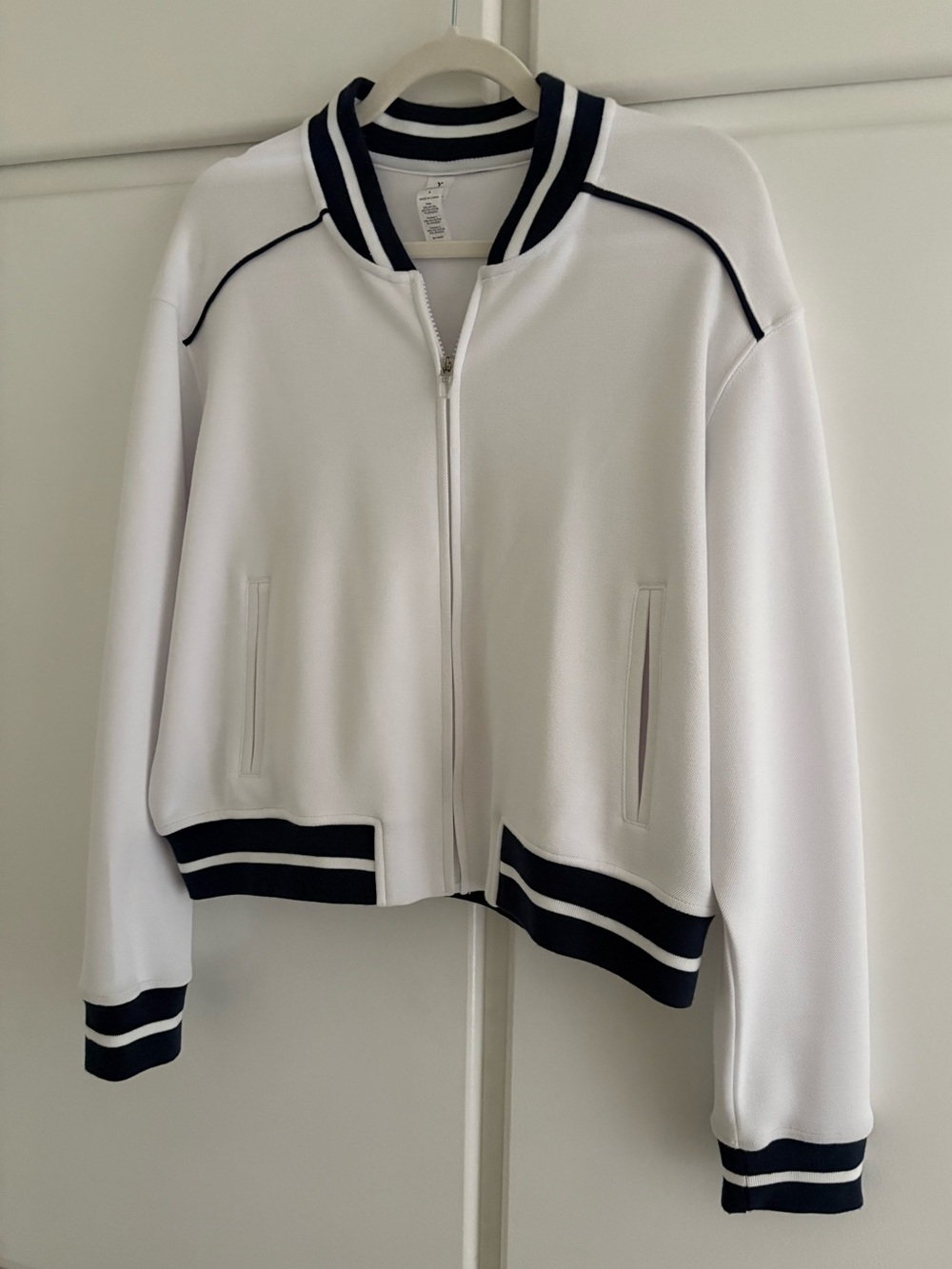 Yogalicious White Bomber Jacket with Navy Trim